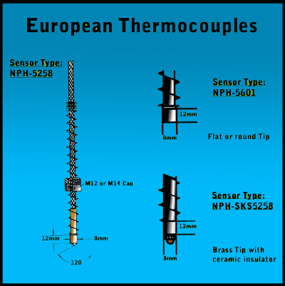 Brass tipped European Thermocouples-M12 and M14, Double Slotted Bayonet Caps